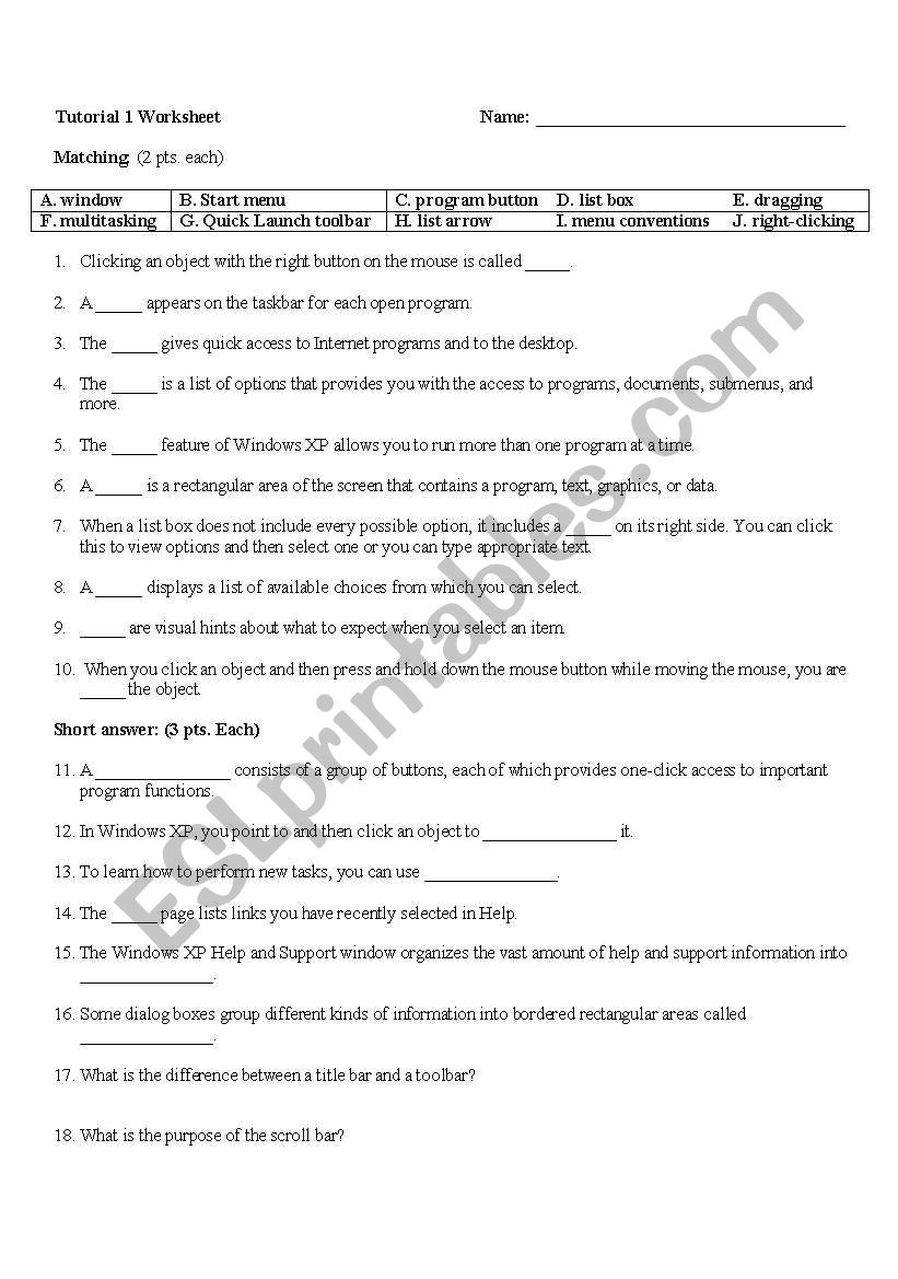 Windows XP Basics worksheet