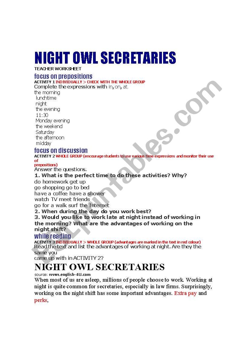 night owl secretaries worksheet
