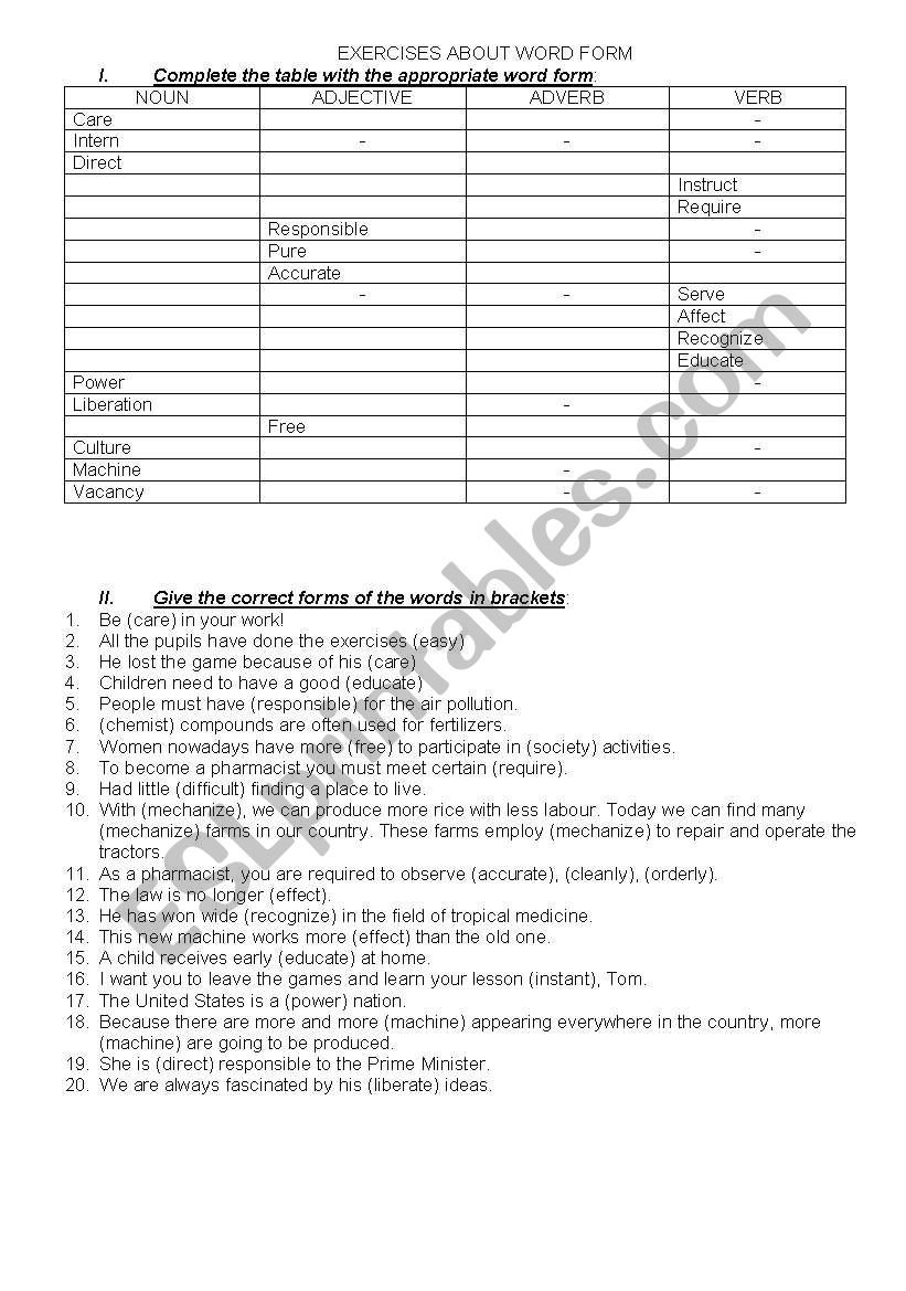 Exercise about word form worksheet