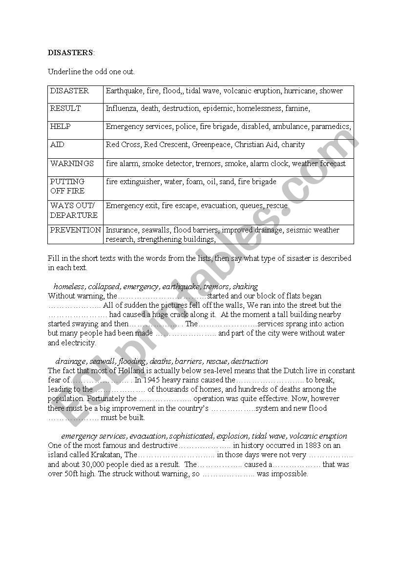 Disasters worksheet