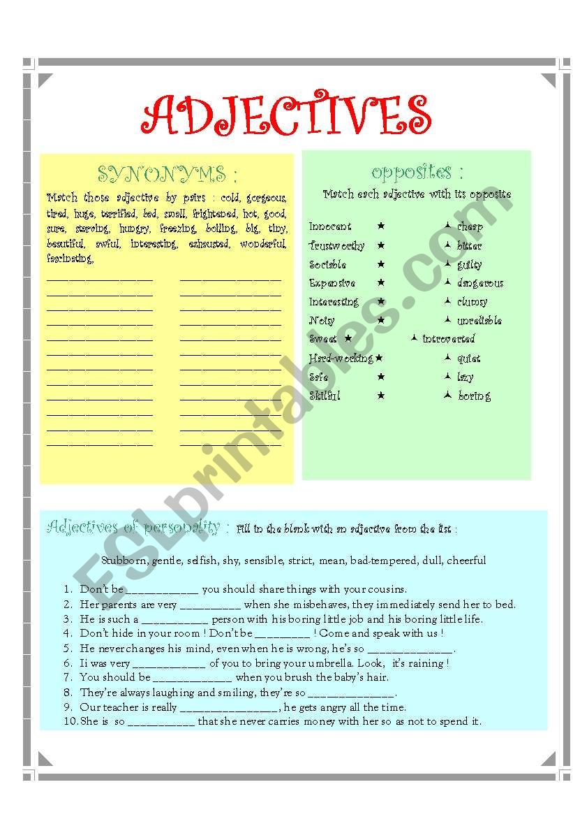 ADJECTIVES : 3 Exercises worksheet