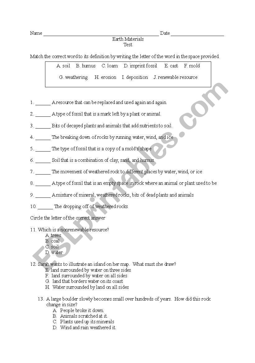 3rd Grade Earth MAterials Test