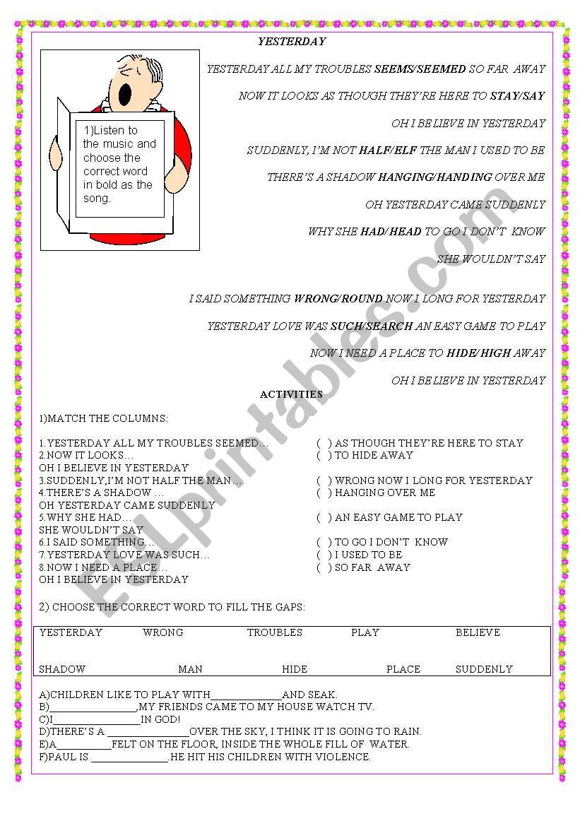 SONG - YESTERDAY worksheet