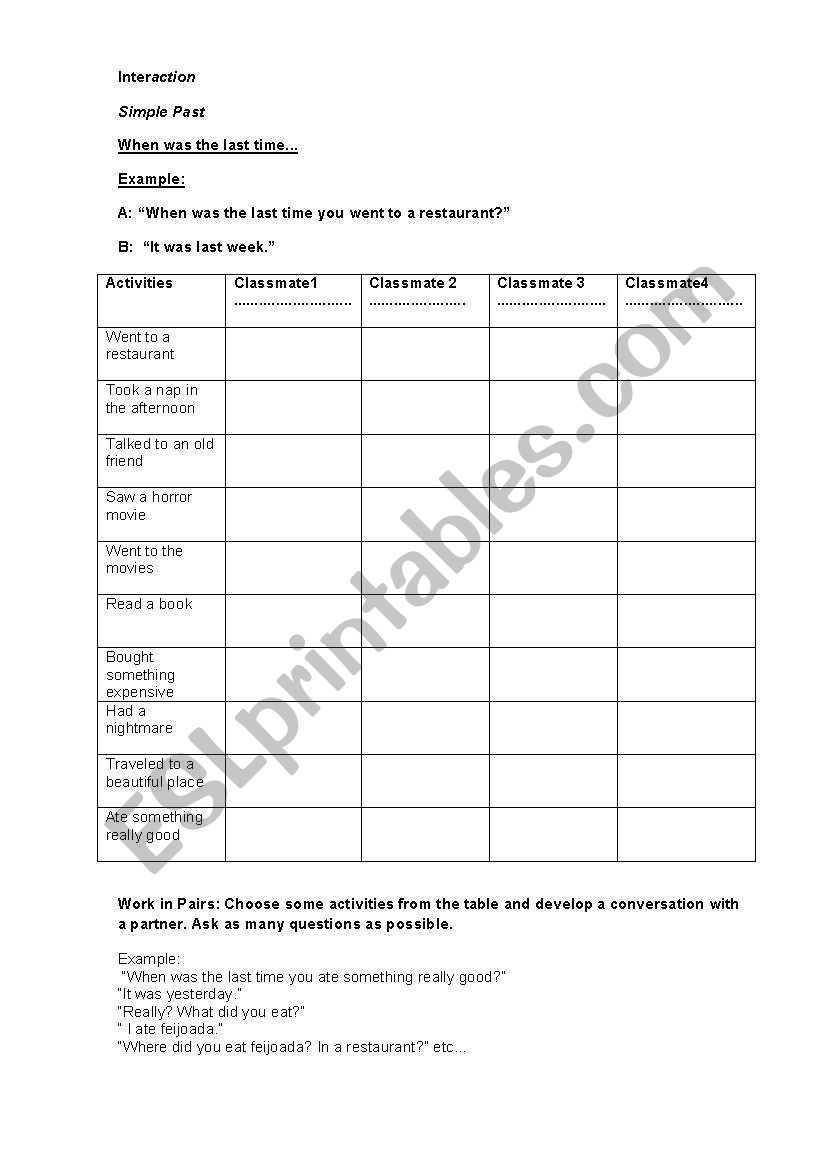 When was the last time? worksheet