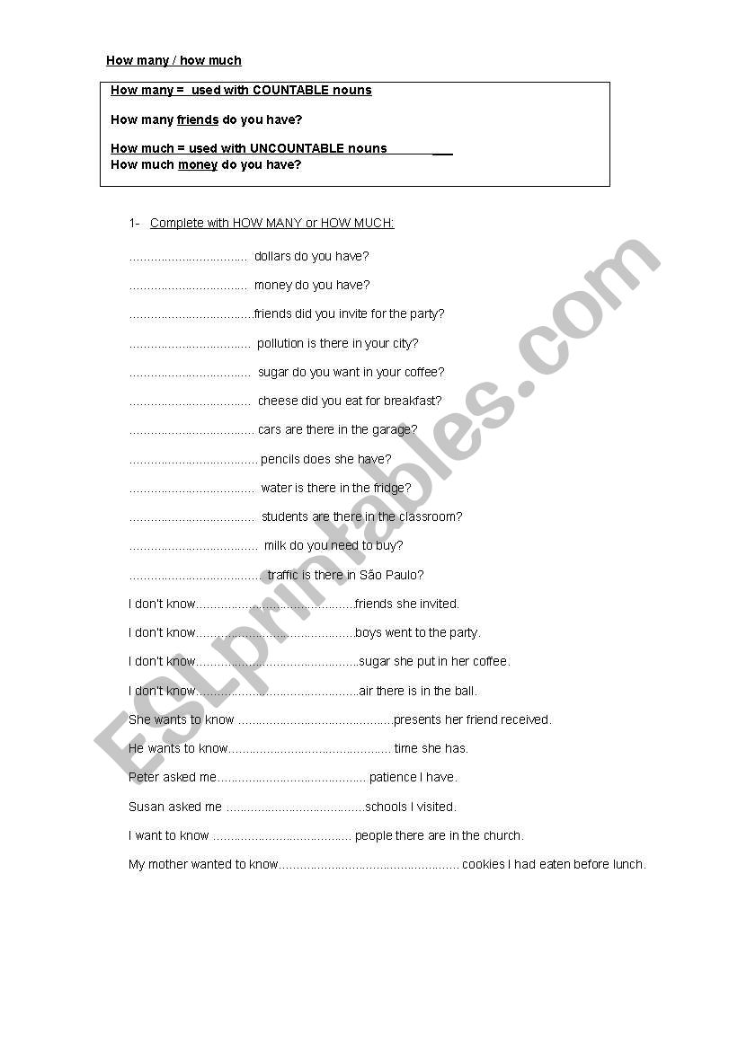 How many / How much worksheet