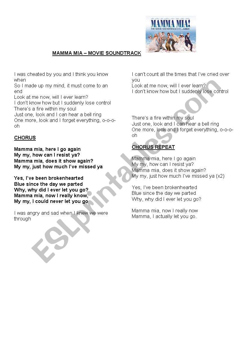 Mamma Mia - movie song worksheet