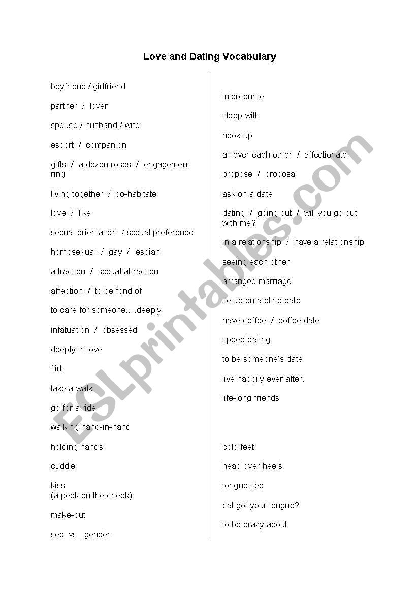 Love & Dating Vocab List worksheet