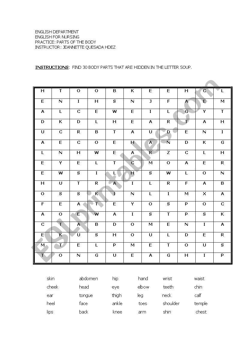 PARTS OF THE BODY worksheet