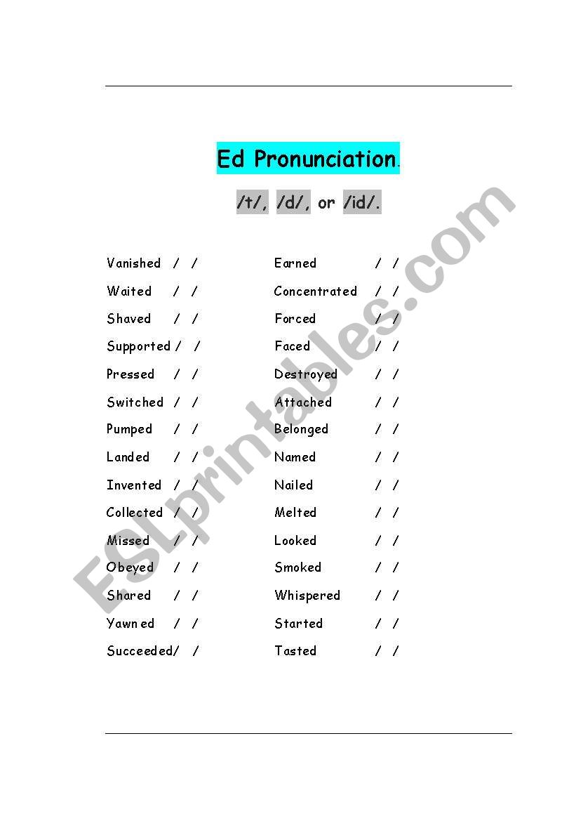 /ED/ Pronunciation I worksheet