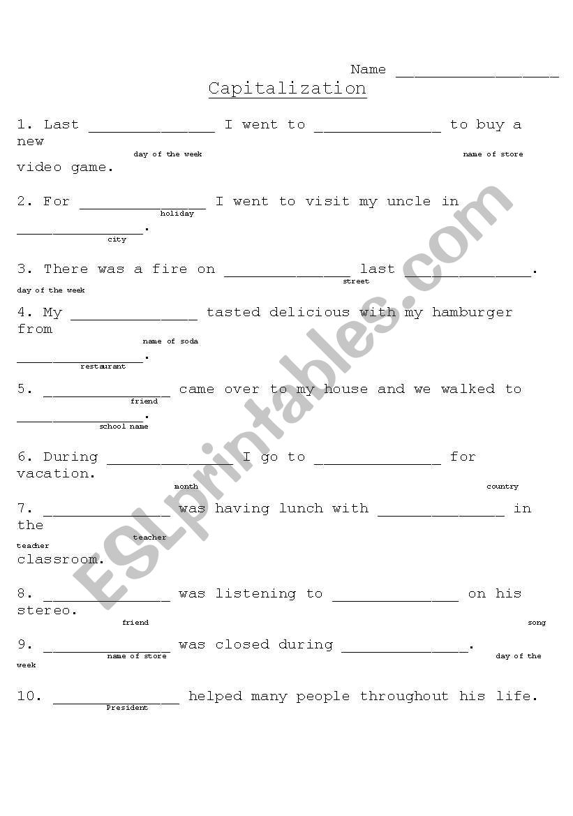 Capitalization worksheet worksheet