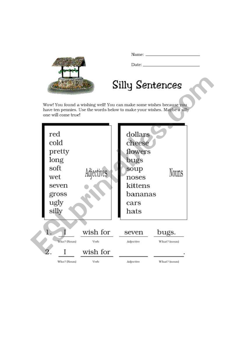 English Worksheets Wishing SVO Silly Sentences