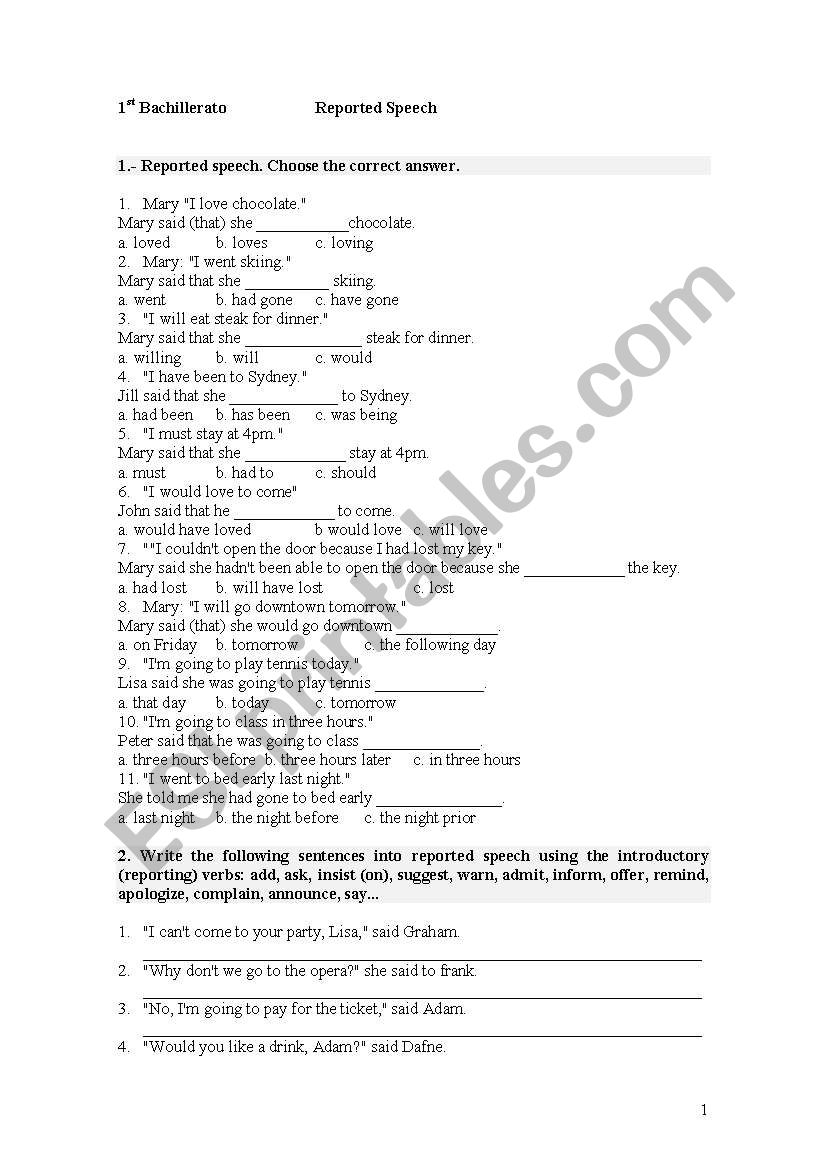 REPORTED SPEECH worksheet