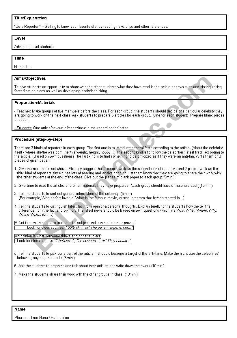 Be a reporter worksheet