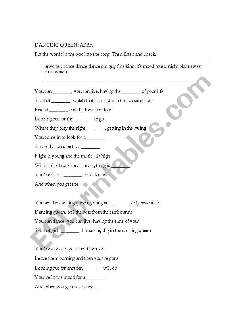 dancing queen lyrics worksheet