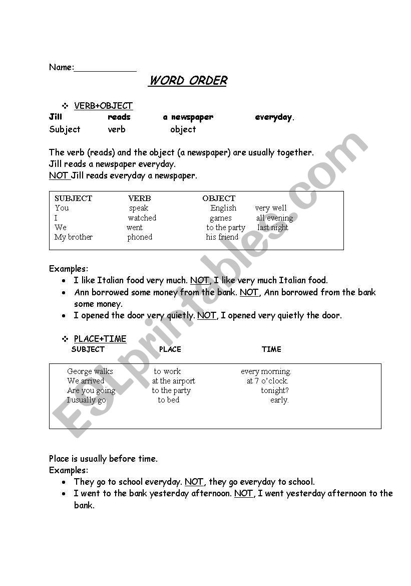 WORD ORDER worksheet