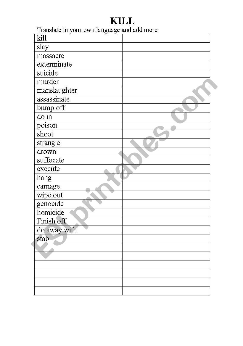 verbs of killing worksheet