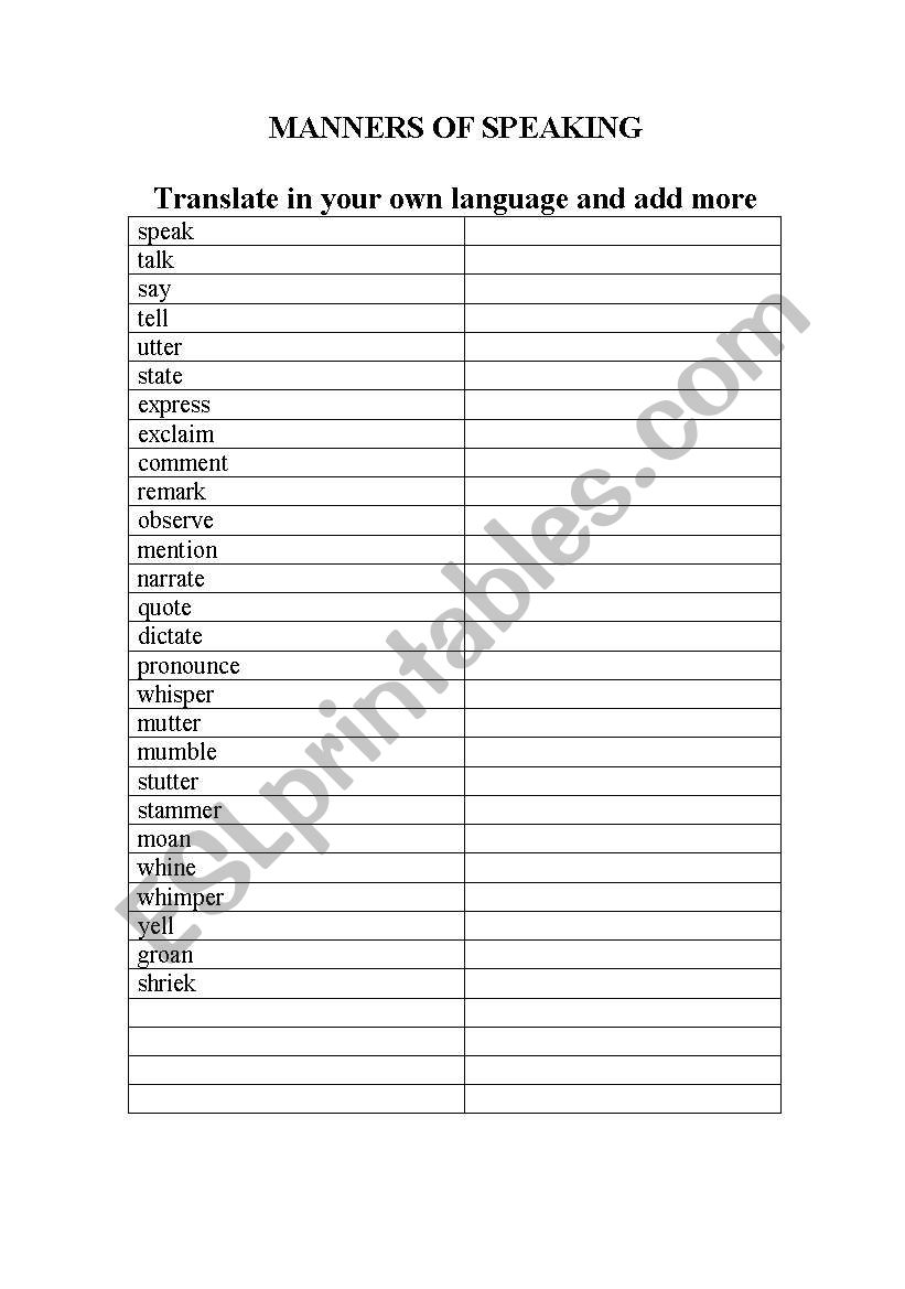 manners of speaking worksheet