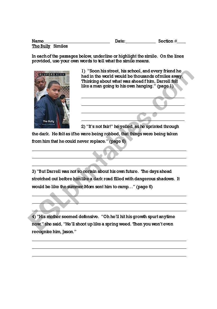 The Bully -Simile Practice worksheet
