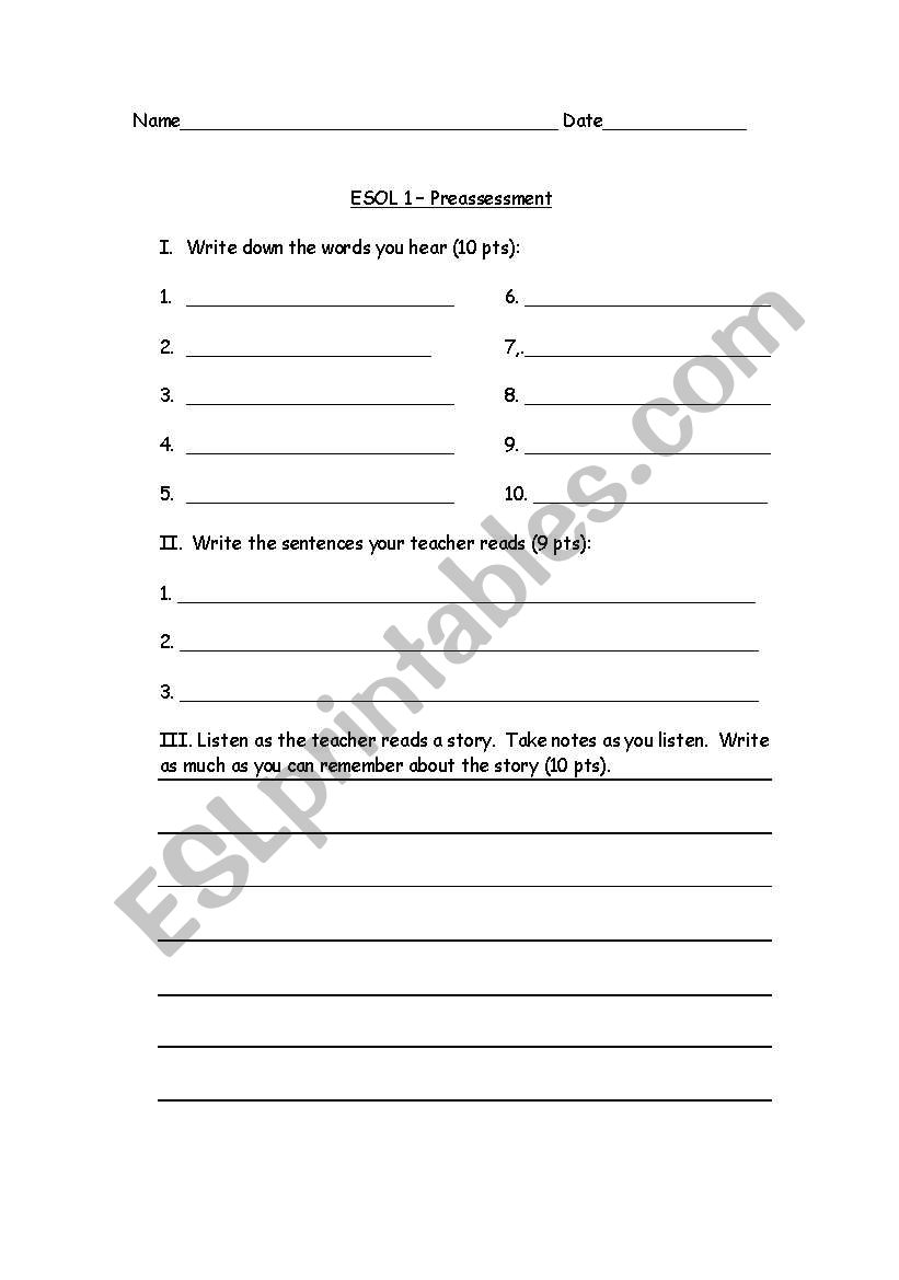 ESOL 1 Preassessment worksheet