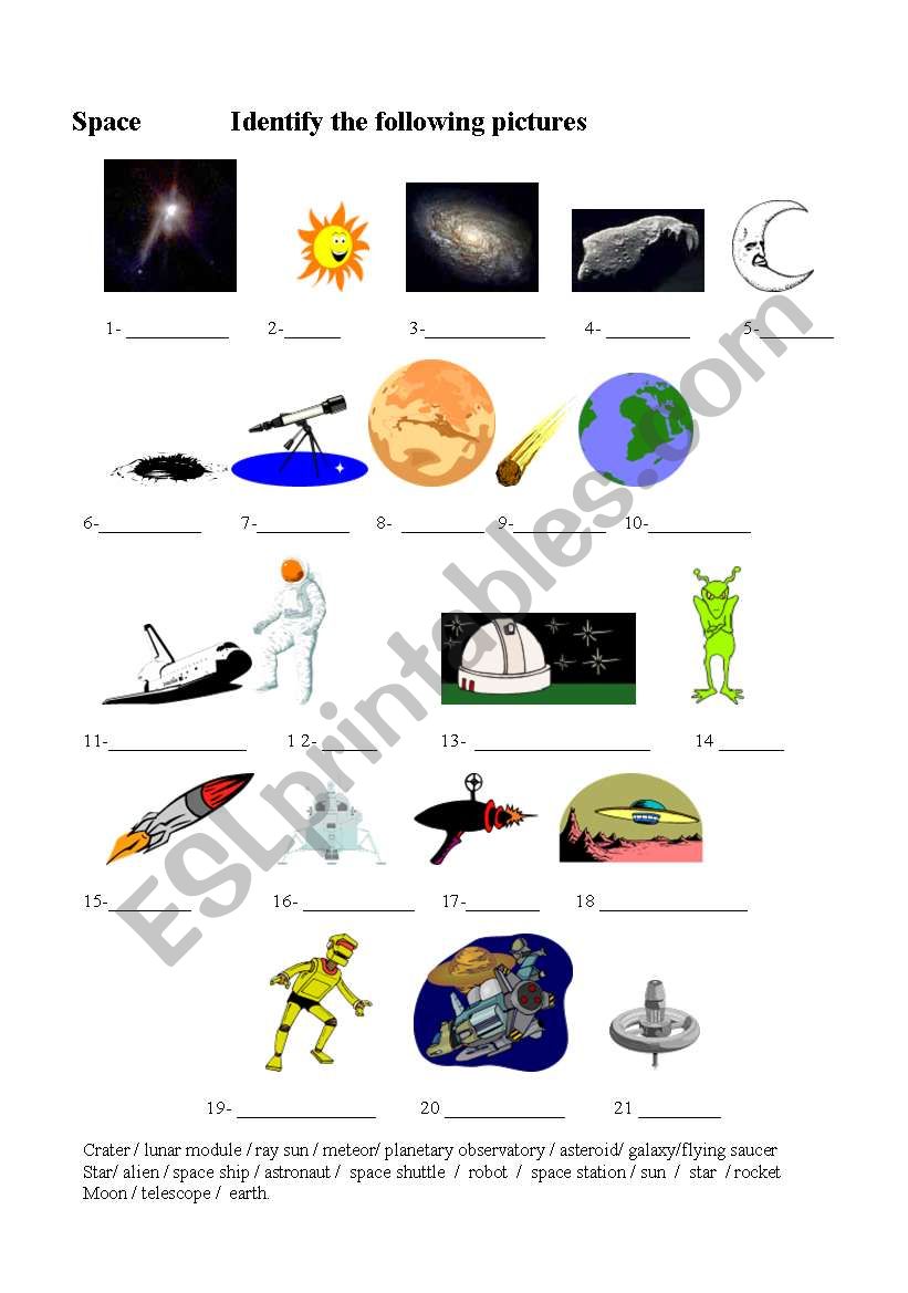 Space-Identifying pictures worksheet