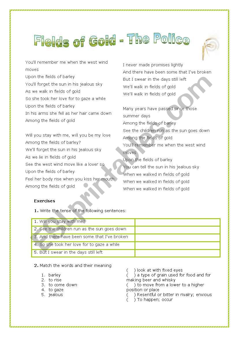 Fields of gold worksheet