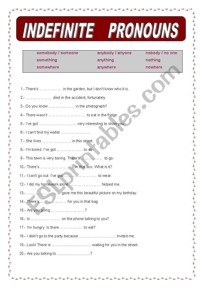 Indefinite pronouns worksheet