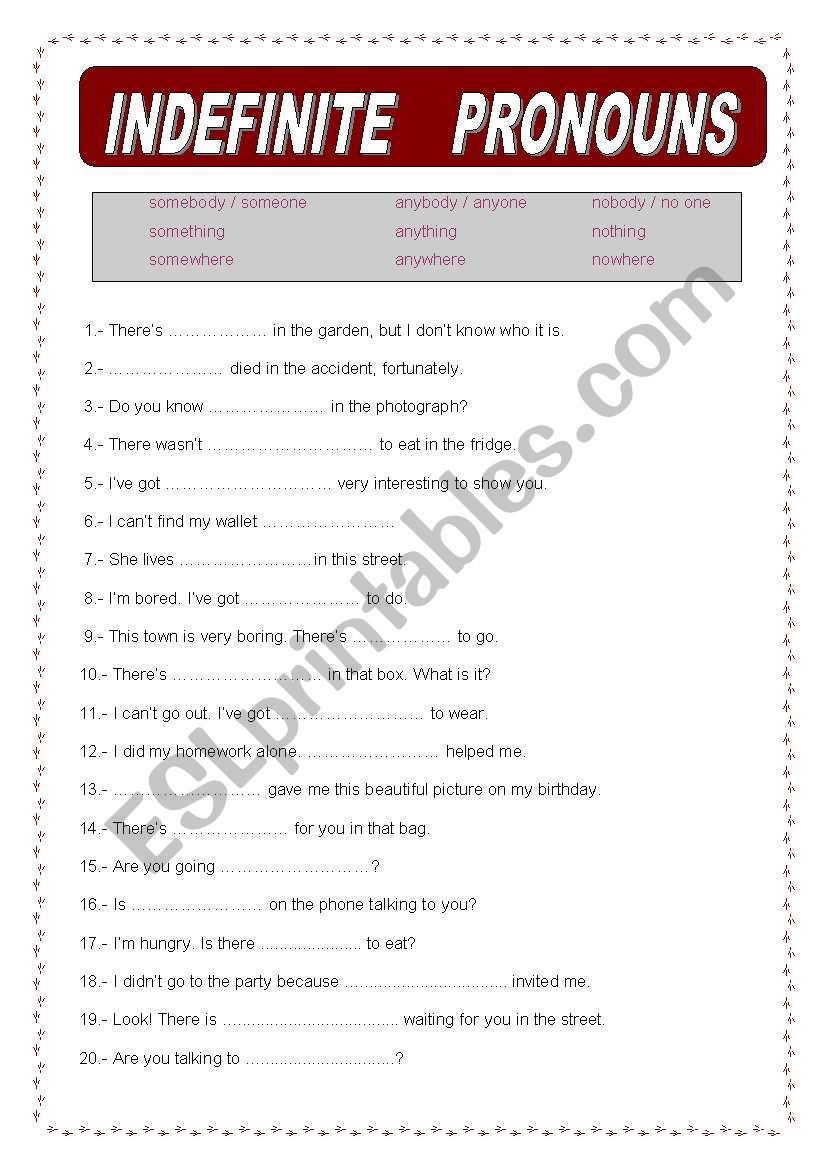 Indefinite pronouns worksheet