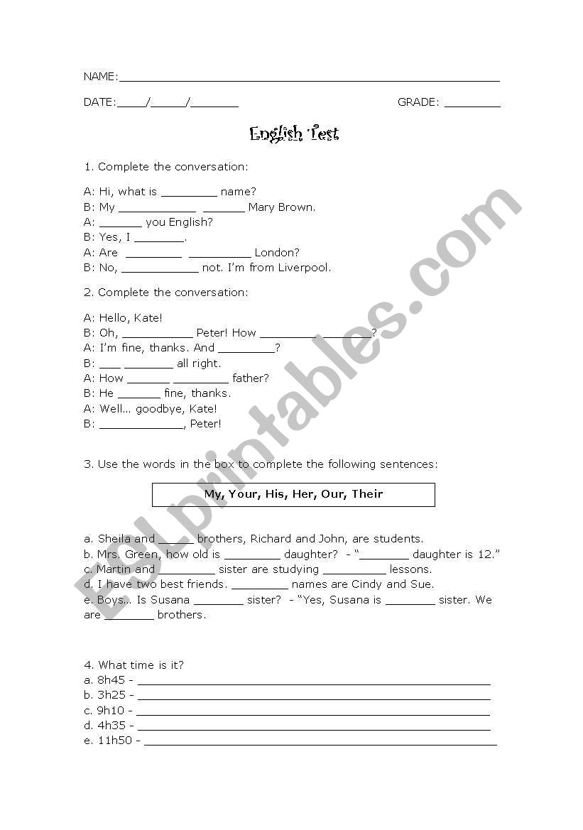 english test worksheet