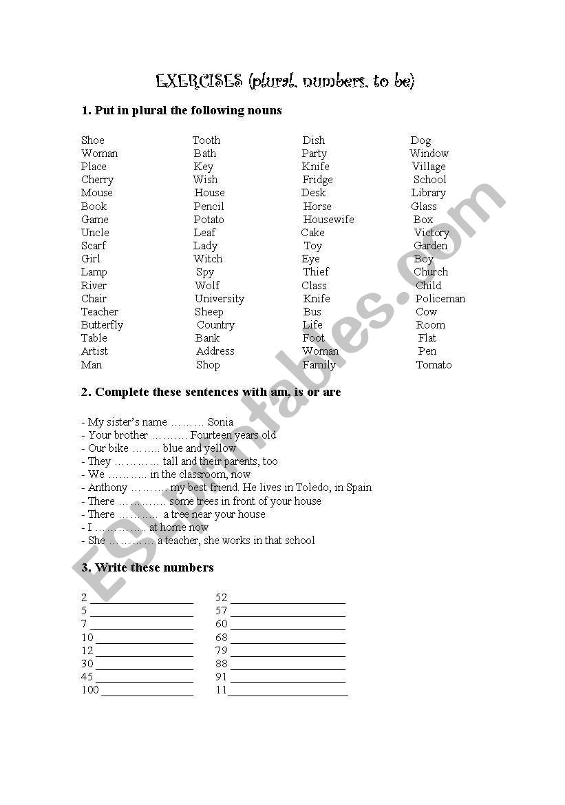 plurals, to be and numbers worksheet