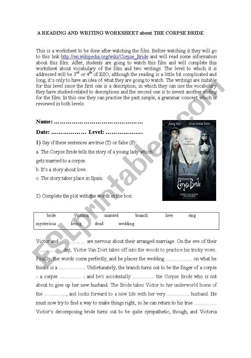 THE CORPSE BRIDE worksheet