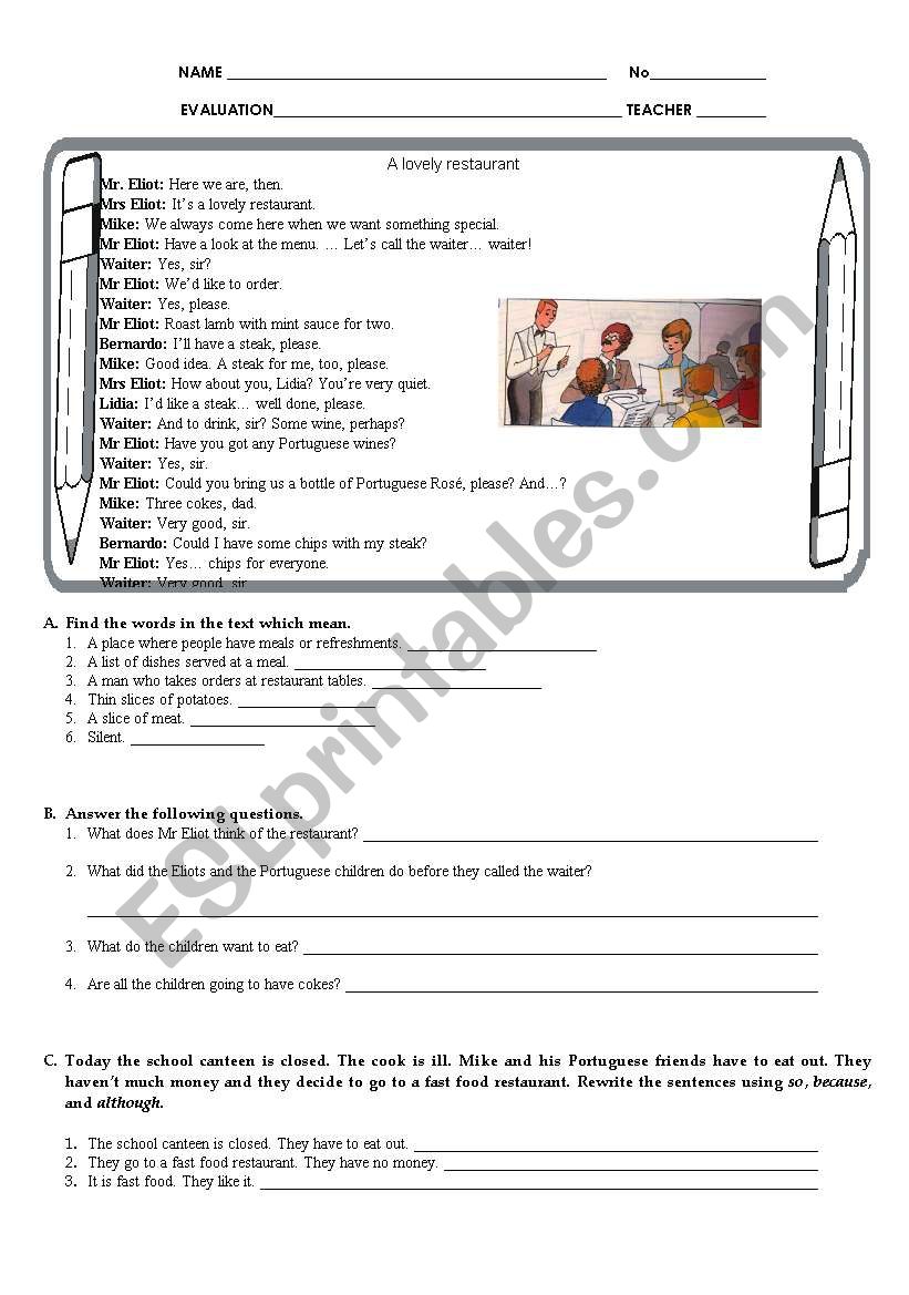 A lovely restaurant- test worksheet