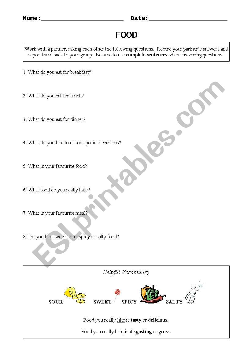 Food Interview worksheet