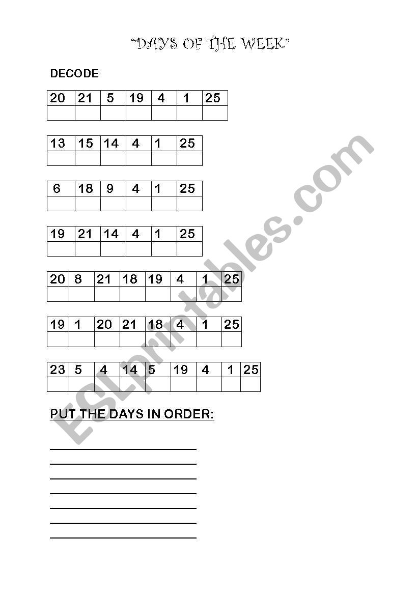Days Decoder worksheet
