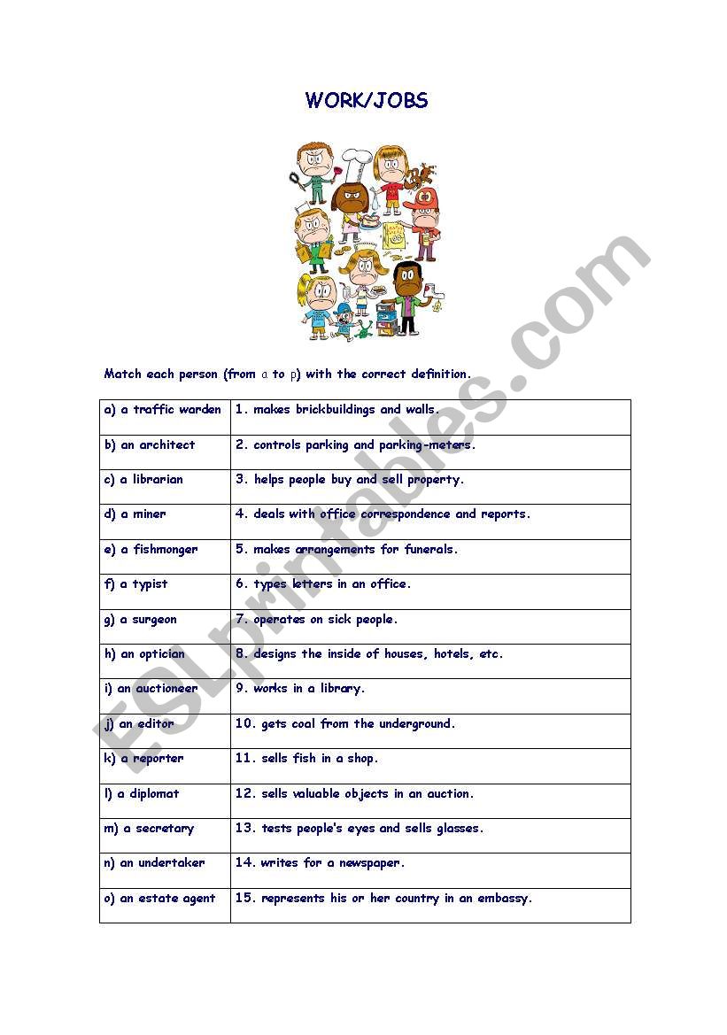 Jobs and Definitions worksheet