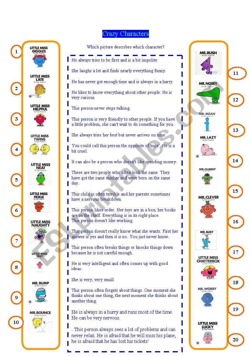 Crazy characters worksheet