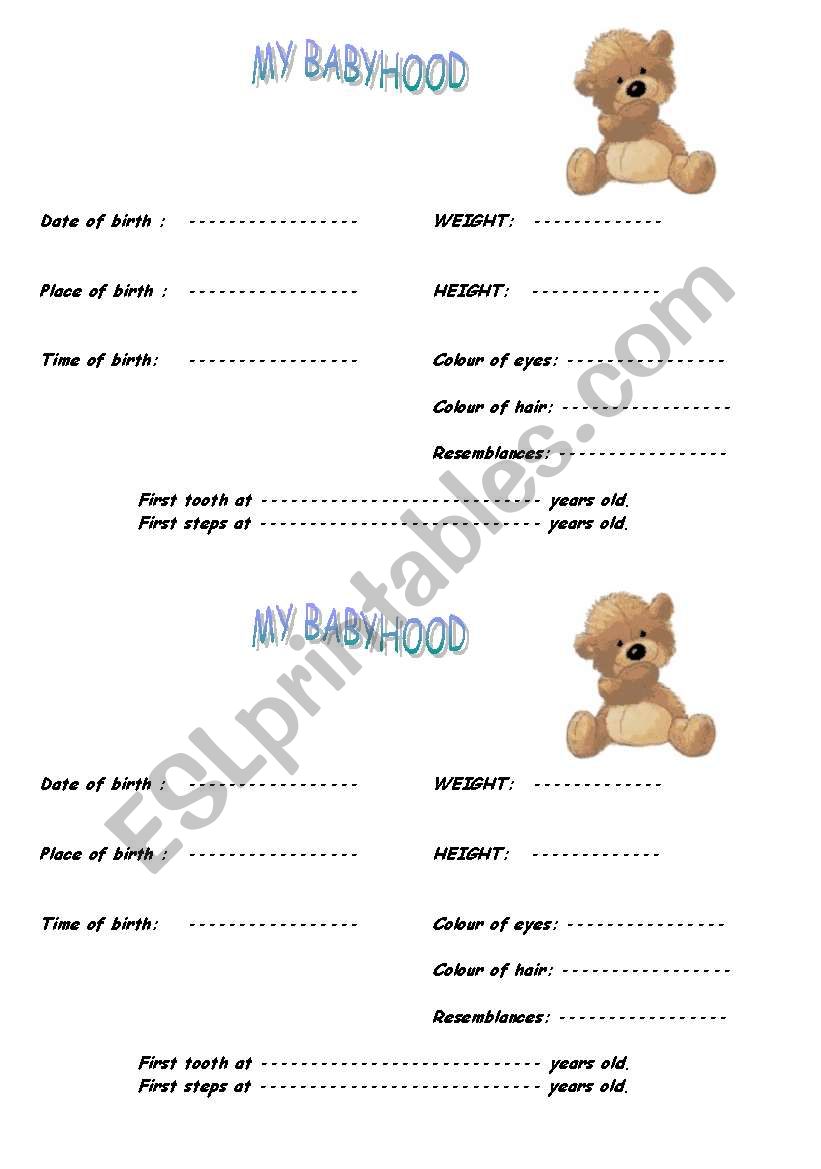 My babyhood worksheet