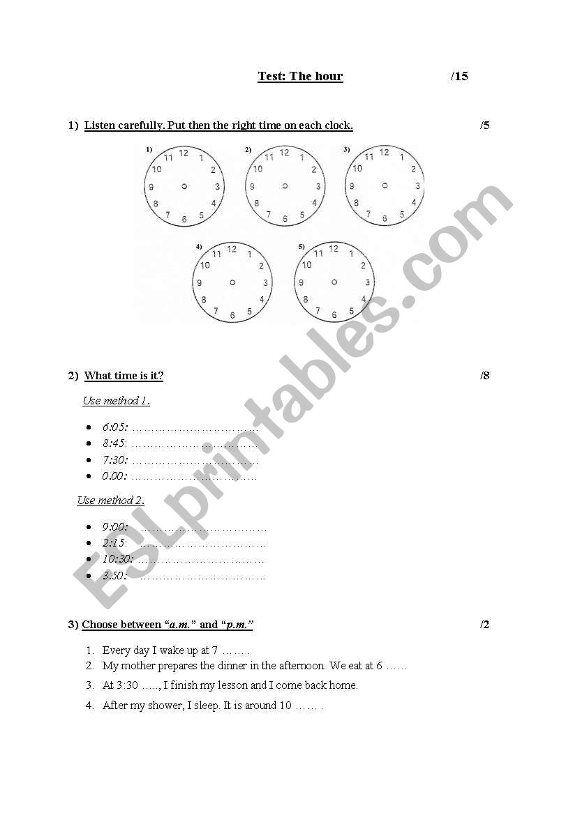 Test: the hour worksheet