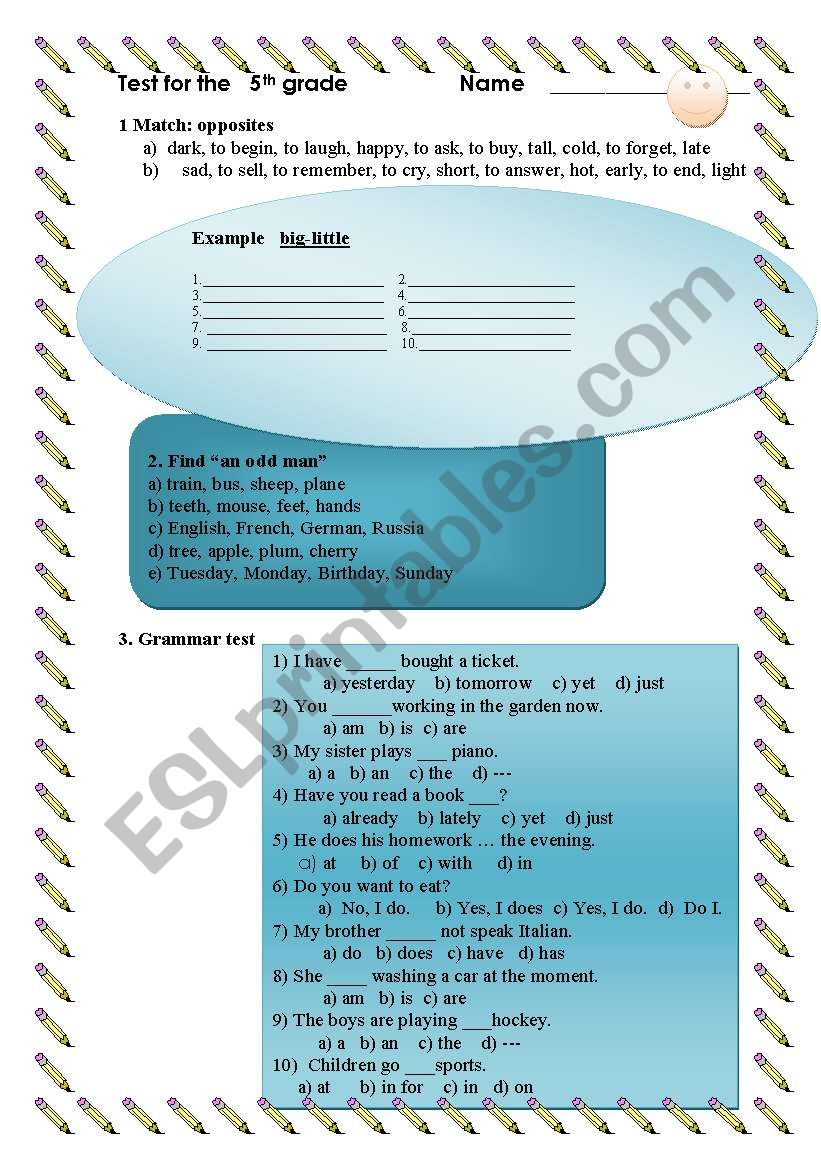 test for the 5th grade worksheet