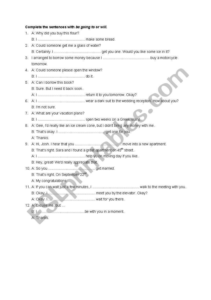 going to-will worksheet