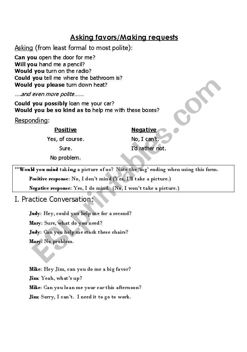 Asking favors/Making requests worksheet