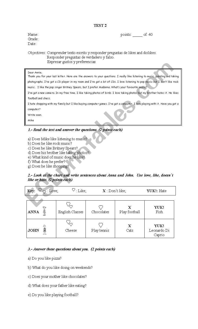 Likes and Dislikes worksheet