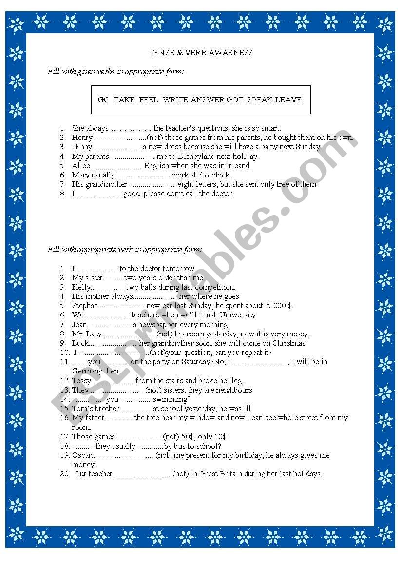 tense & verb awarness worksheet