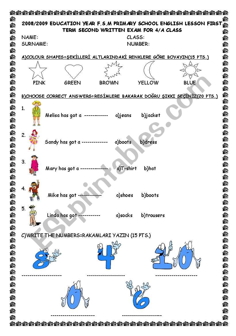 exam for 4th grades worksheet