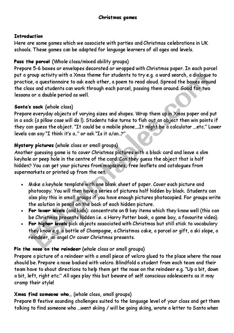 christmas games worksheet