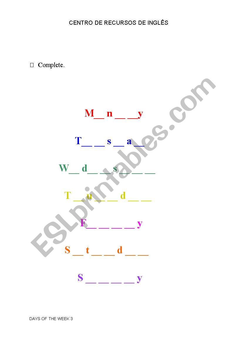 Days of the week worksheet