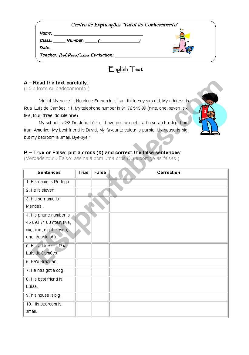 English TEST (Part A) worksheet