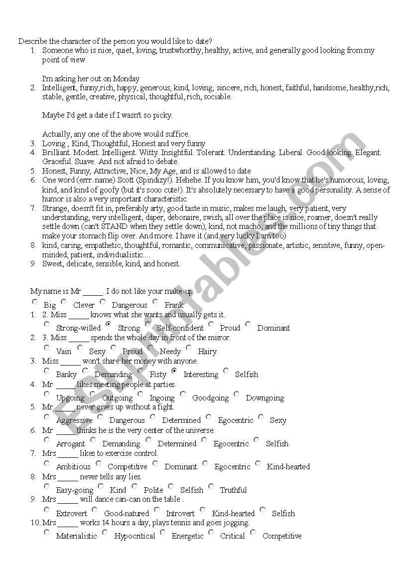 discribimg people worksheet