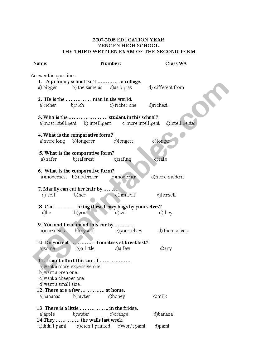 9 class 3th written exam worksheet