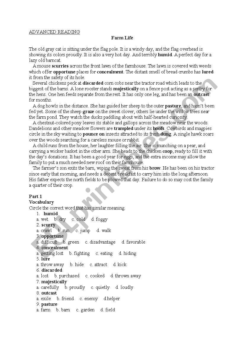 Farm life with answer key  worksheet