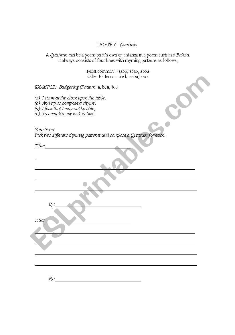 Poetry - Write A Quatrain worksheet